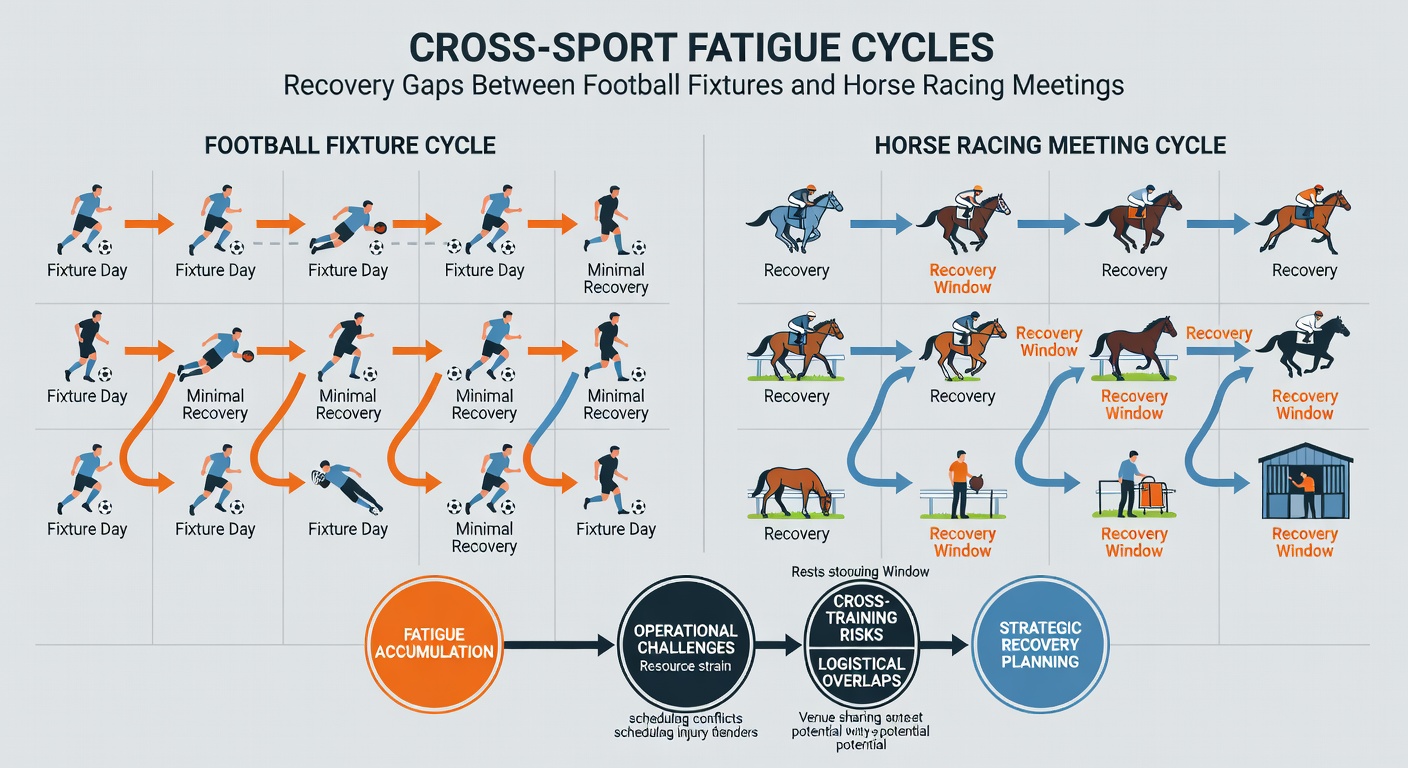 Split view of a football stadium and a horse racing paddock highlighting rest and recovery periods in both sports