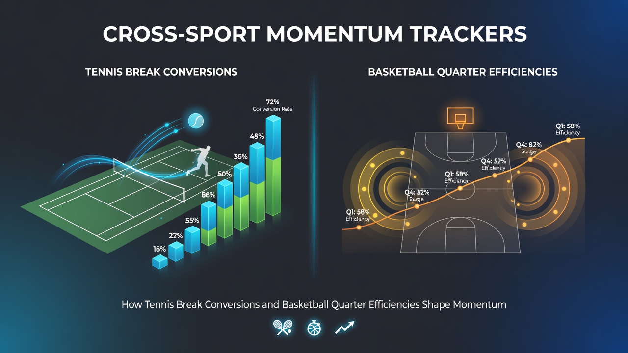 Split view of tennis scoreboard displaying break point statistics next to basketball box score highlighting quarter-by-quarter efficiency numbers