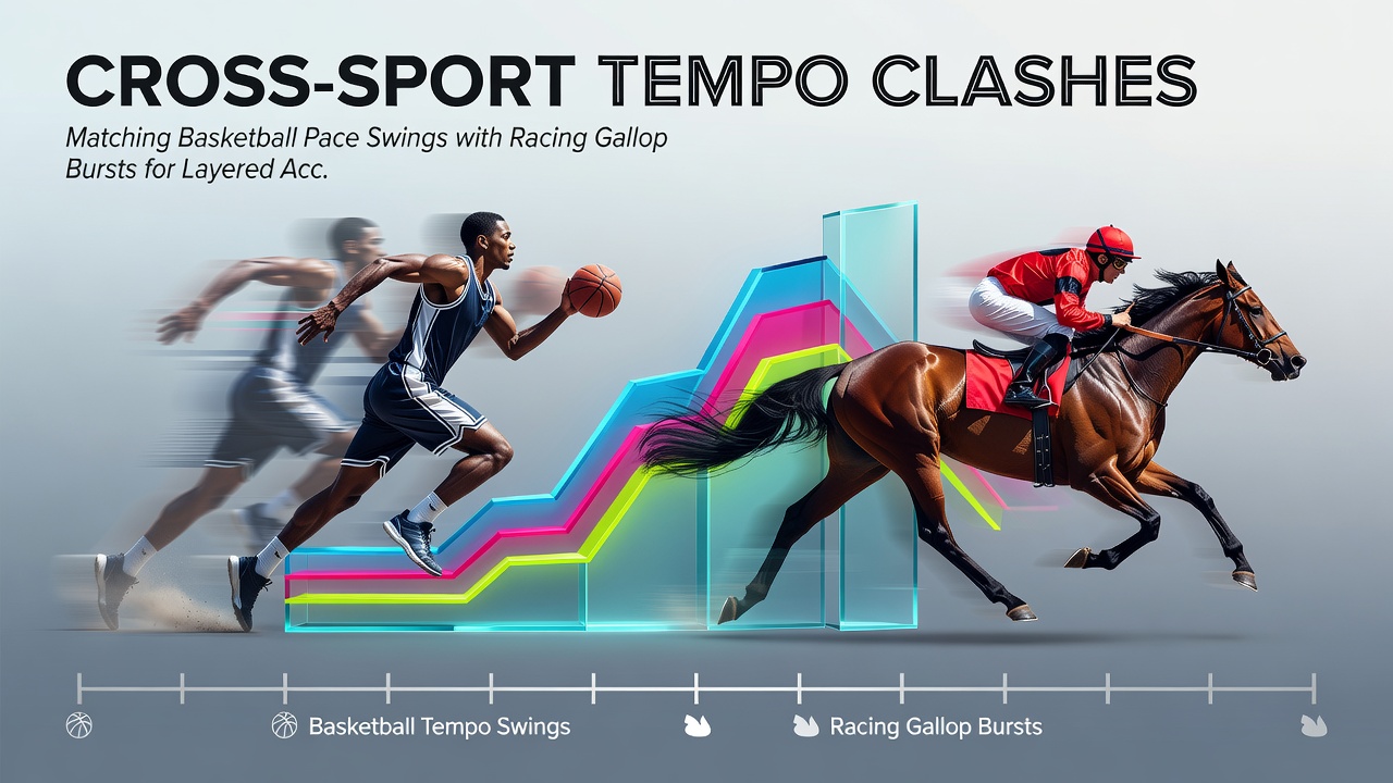 Split screen showing basketball players in transition and a racehorse accelerating down the stretch with timing graphics overlaid