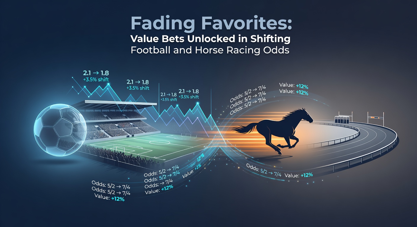 Close-up of racehorses at the starting gate with overlaid odds screen showing a favorite's price crashing from 2/1 to 6/4, illustrating fading opportunity