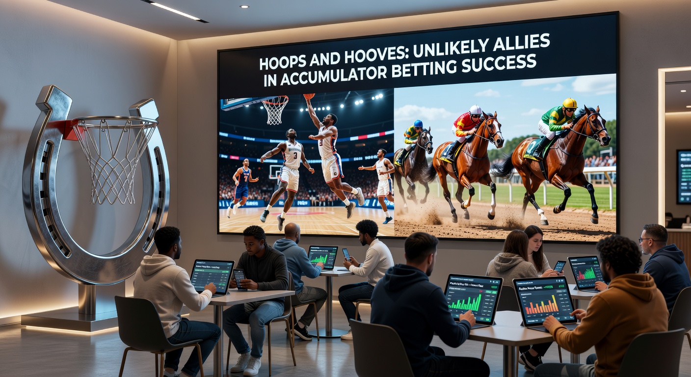 Close-up of a basketball net swishing with a horse crossing the finish line in the background, highlighting successful accumulator combos