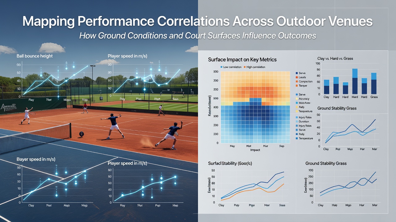 Split image comparing clay and grass tennis courts alongside outdoor basketball playing surfaces with overlaid performance statistics