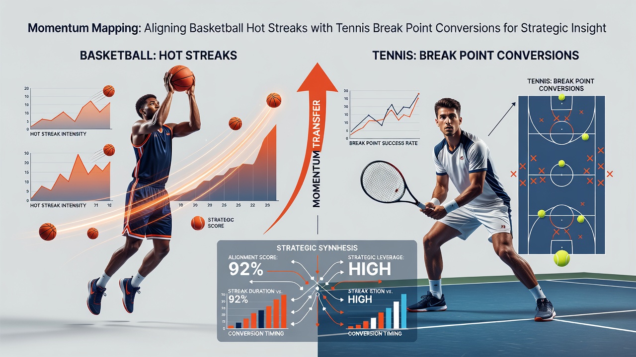 Split-screen view of basketball scoreboard showing streak statistics next to tennis match statistics tracking break-point conversion rates