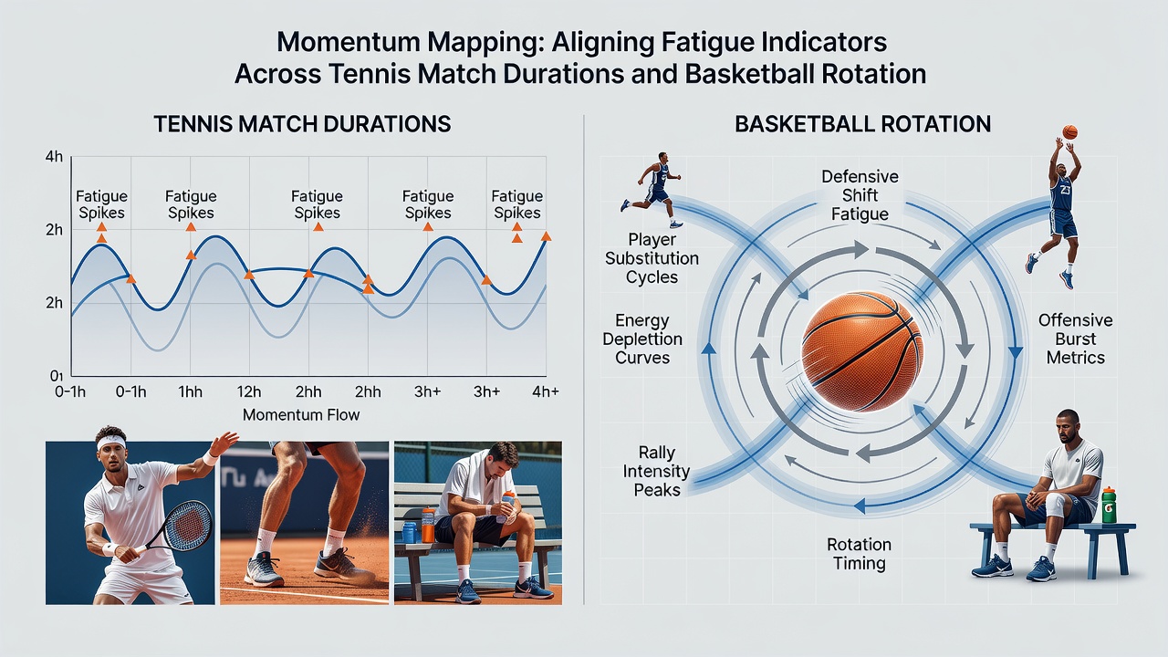 Data visualization overlay comparing fatigue curves from tennis match segments and basketball rotation segments