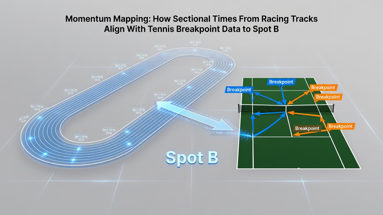 Comparative chart illustrating momentum correlations between racing sectional times, tennis breakpoints, and basketball quarter scoring runs