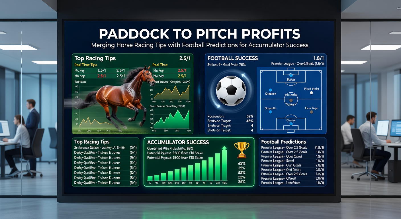 Close-up chart of a successful accumulator payout slip featuring horse racing winners and football scorelines, illustrating real profits from merged tips