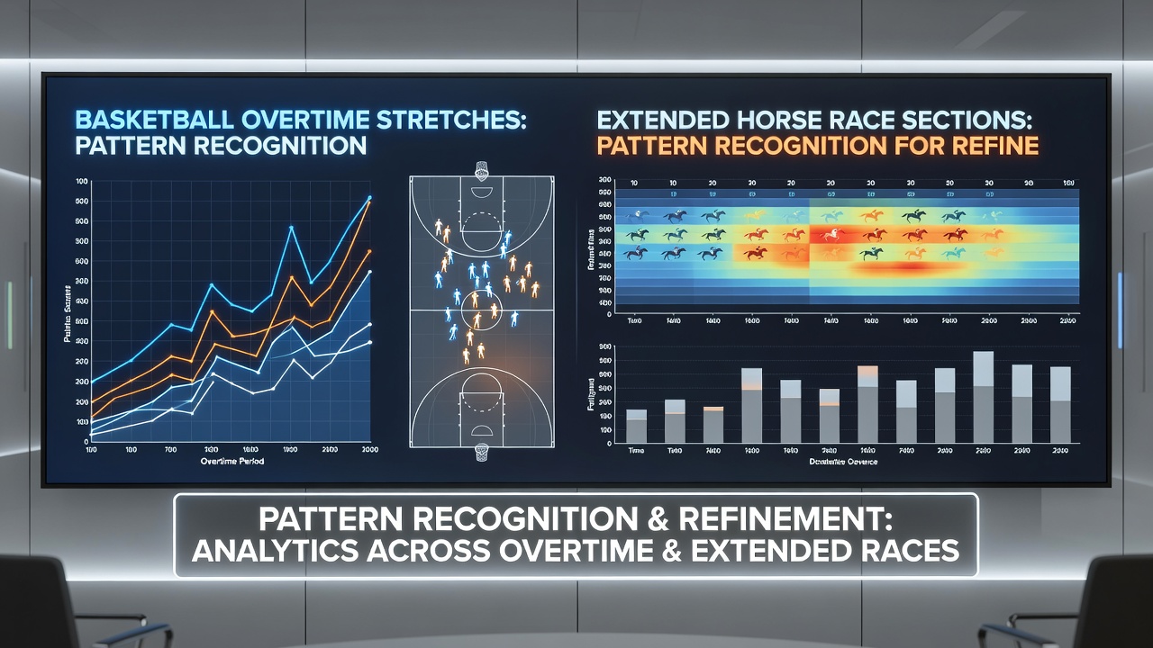 Horse race finish line with extended section data charts and timing overlays