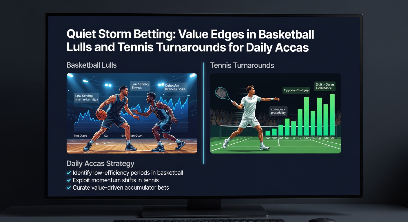 Tennis player celebrating a set turnaround on clay court, paired with basketball scoreboard showing a scoring lull for acca betting inspiration
