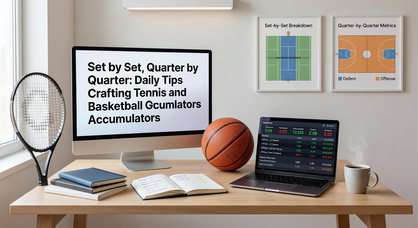 Basketball players in intense fourth-quarter huddle on court, overlaid with tennis scoreboard graphic highlighting set progress for accumulator insights