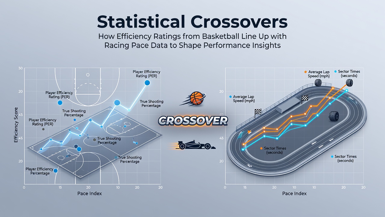 Split screen showing basketball player efficiency dashboard alongside horse racing pace analytics interface