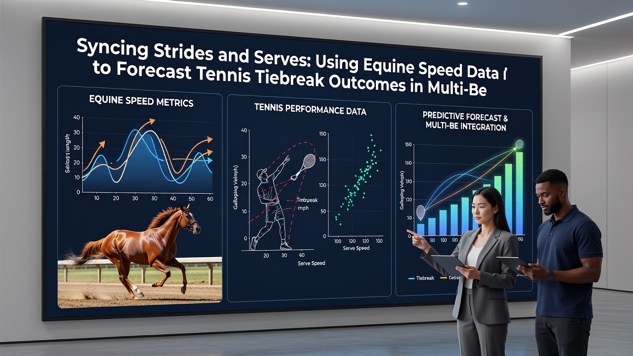 Split-screen graphic comparing horse stride data graphs with tennis serve speed charts during tiebreak analysis