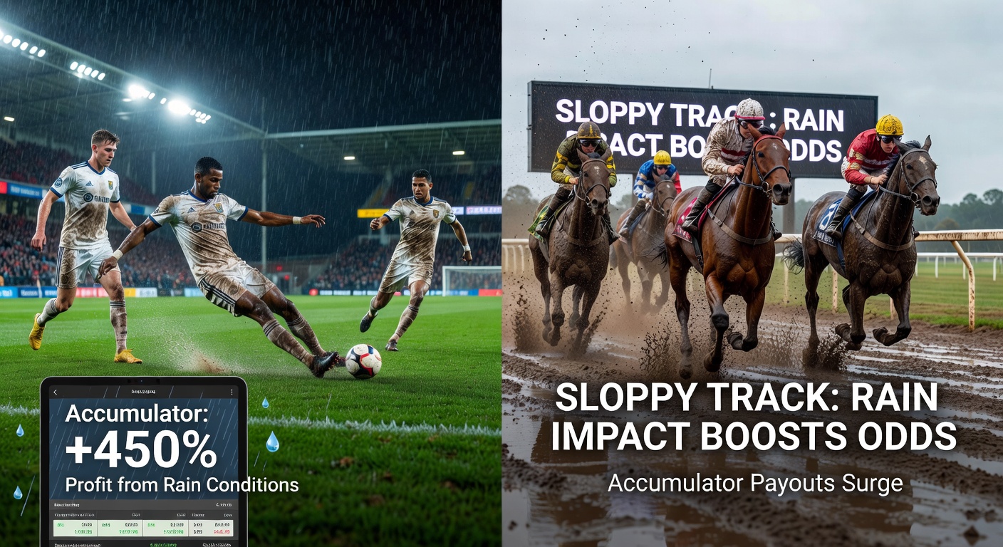 Muddy horse racing track under grey skies, horses kicking up spray in a tight finish, capturing the drama of weather-altered racing dynamics